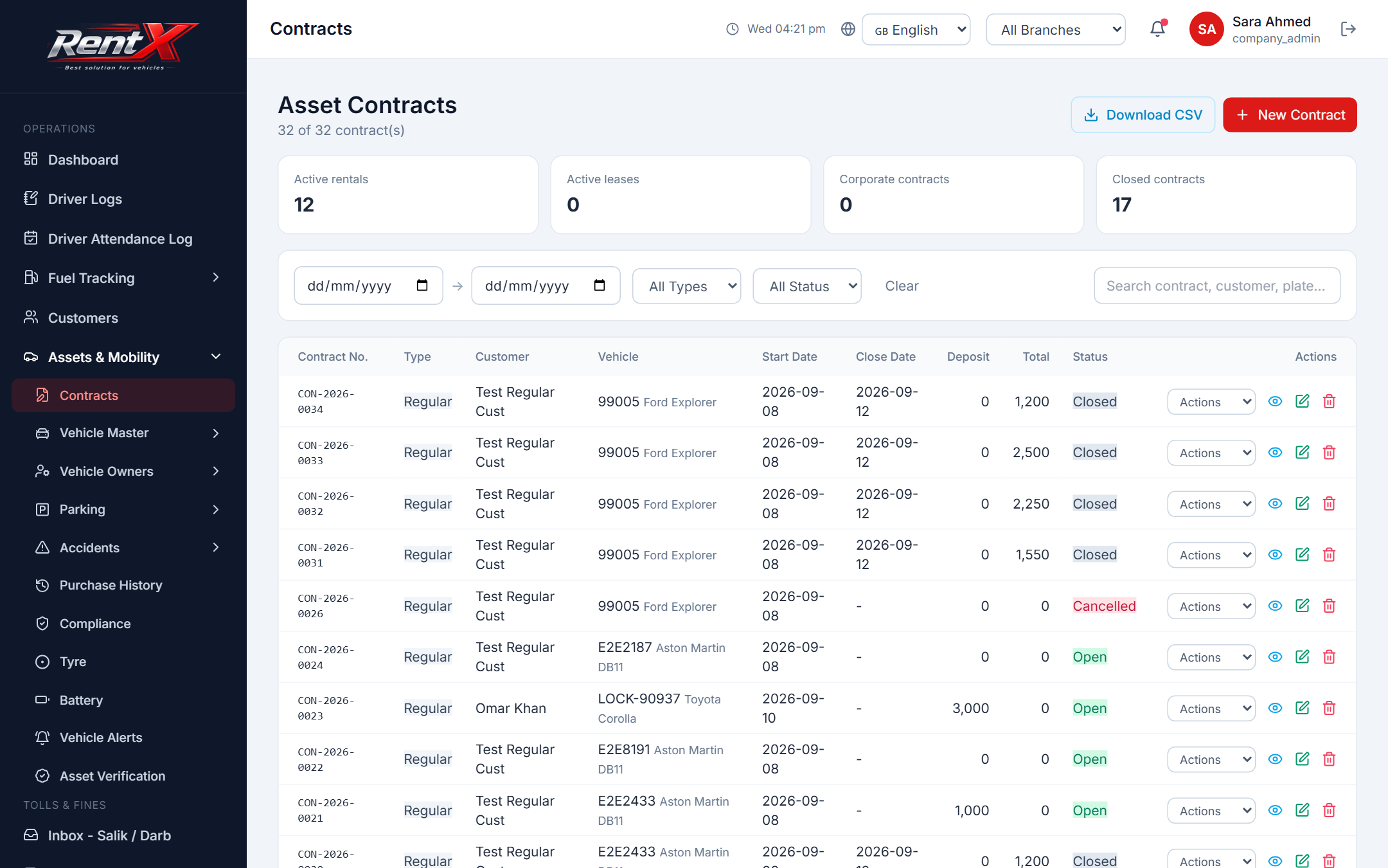 RentX contracts screen